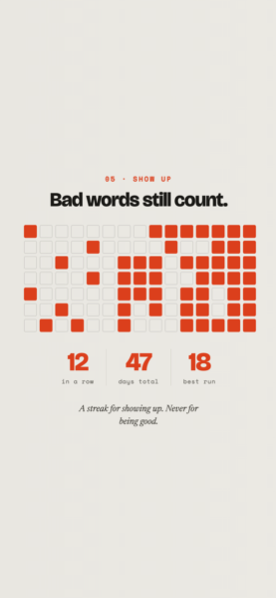 The streak map — a day counts if you wrote at all